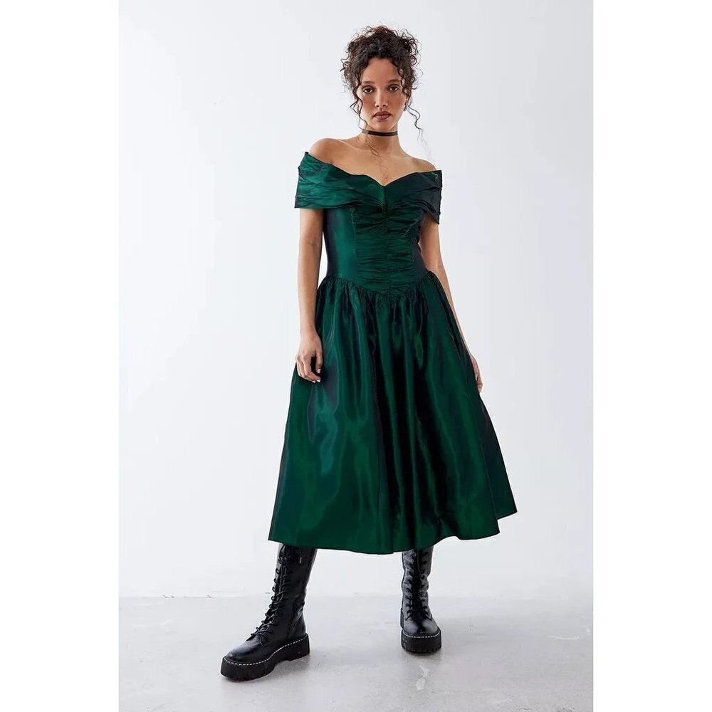 GUNNE‎ SAX Late 70s/Early 80s Vintage Emerald Green Off the Shoulder - Size 11